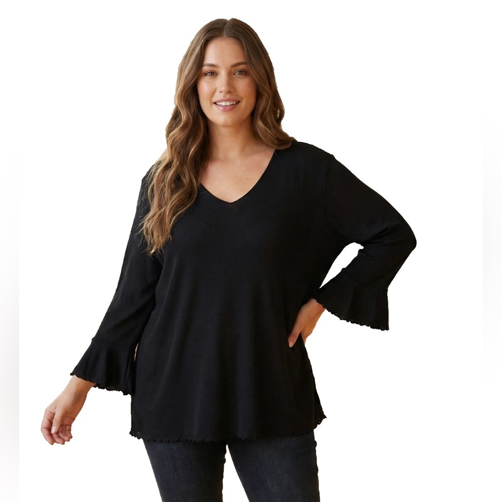 Rebecca Malone Blouse Size 2X Black V-Neck Sheer Crepe Back 3/4 Ruffle Sleeves